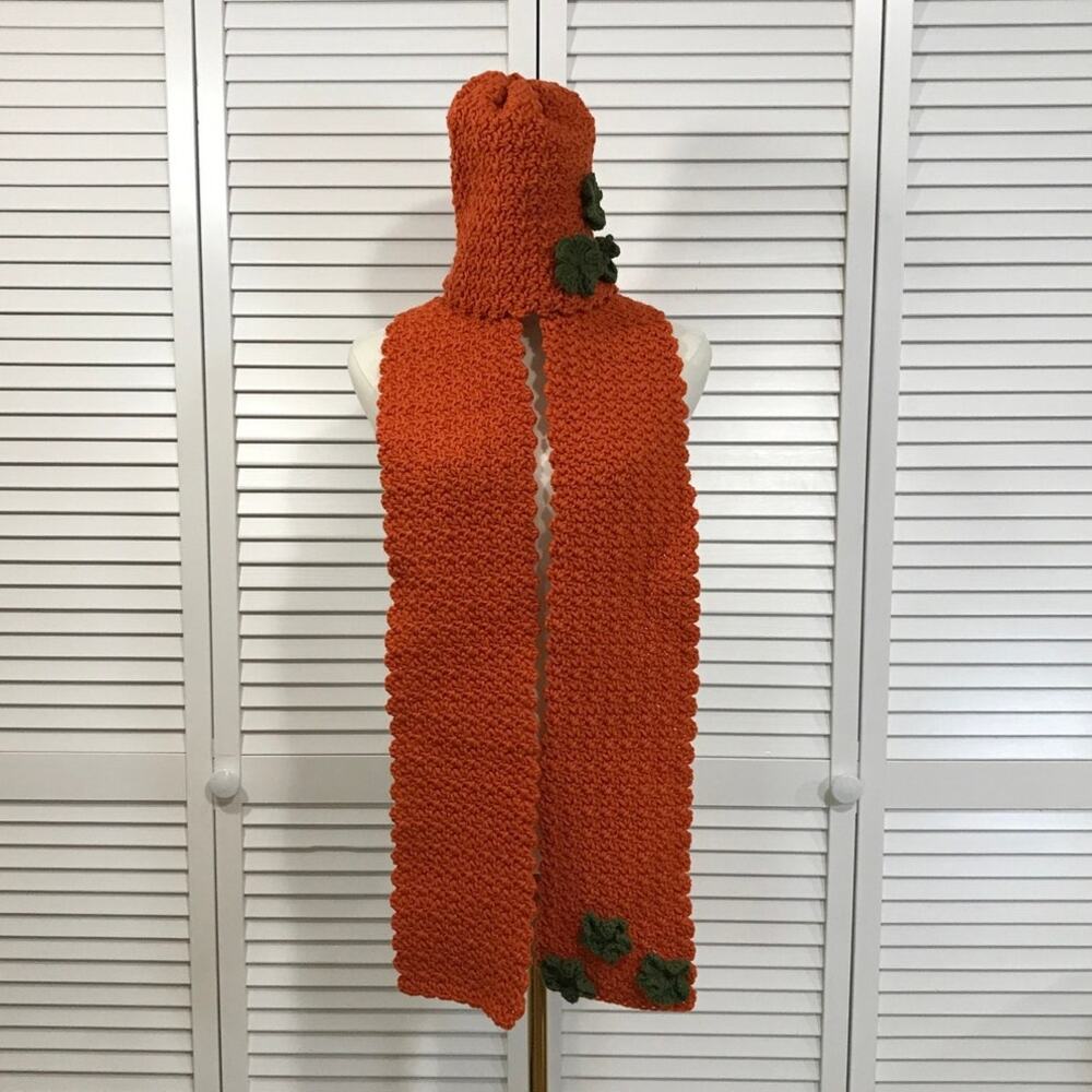NWT Crochet Boho Cottage Orange Beanie Scarf 64” Textured Winter Set